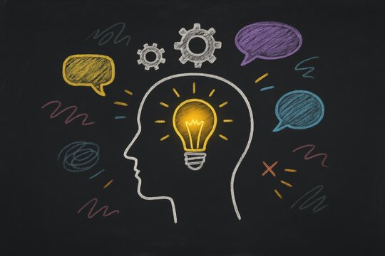 Illumination of Ideas: Depicting a person's head with a bright light bulb at the center, surrounded by thought bubbles and gears, representing the genesis of concepts and intellect.