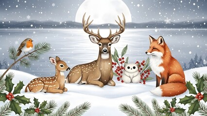 A group of animals including a deer, fox, fawn, owl and bird sitting in the snow on a winter night with a moonlit lake in the background with holly