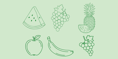 Fresh green line art doodles of various fruits including watermelon, grapes, pineapple, apple, and banana on a pale green background. Healthy eating, summer, and food illustrations.