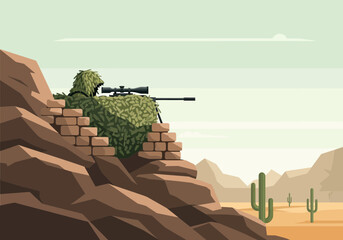 Obraz premium Camouflaged soldier with sniper rifle behind rocky cover in desert.