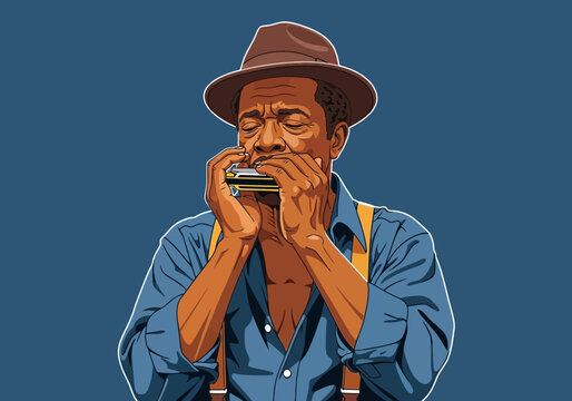 Man in hat and suspenders plays harmonica with eyes closed.