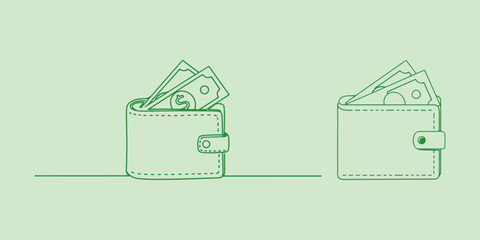 Simple green line art illustration of wallets filled with cash on a pale green background. Finance, money, savings, and wealth concepts.