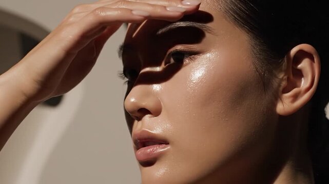 Close-up of a woman applying skincare with a glowing complexion