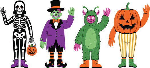 Cute Halloween costume characters vector set with skeleton, monster, pumpkin, and spooky cartoon outfits illustration