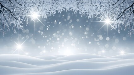 Snowy landscape with sparkling lights and frosty trees on a winter night scene