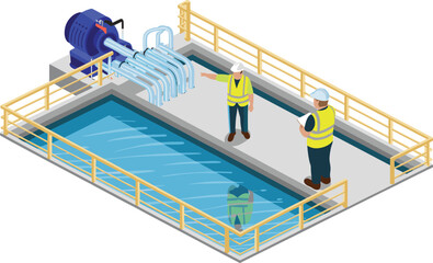 Naklejka premium Isometric water treatment facility inspection illustration with engineers monitoring pump system basin industrial safety infrastructure process management concept