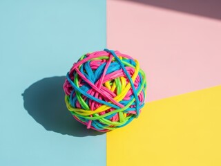 Colorful rubber band ball on pastel background