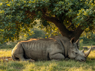 Large white rhino resting under green tree canopy with dappled sunlight. Wild animal sleeping in natural habitat. Safari and wilderness concept.