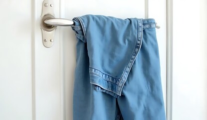 Light Blue Casual Trousers Draped Over a Polished Metal Door Handle against a Bright White Interior Door: Simple Clothing, Daily Routine, and Domestic Life.