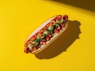 Delicious hot dog with fresh toppings on yellow background