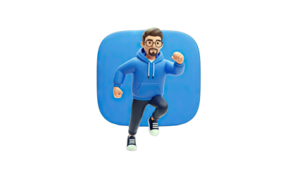 3D Cartoon Man Running on Blue Background