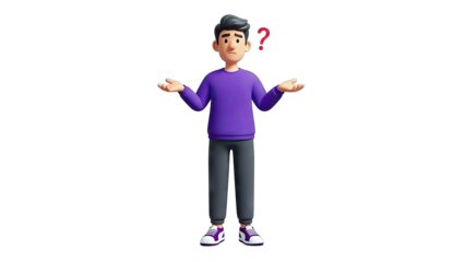 3D Cartoon Man Shrugging with Question Mark on White Background