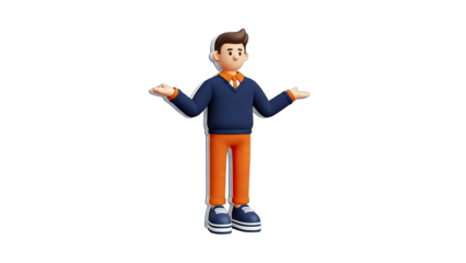 3D Cartoon Man Shrugging on White Background