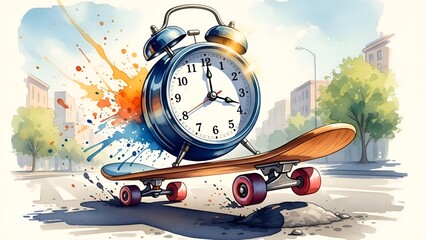Time Flies Clock on Skateboard, Urban Speed, Deadline Concept
