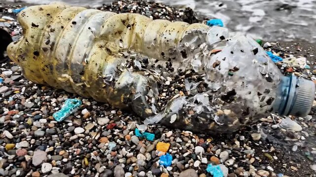 Polluted beach with trash and debris scattered along shoreline and into water.