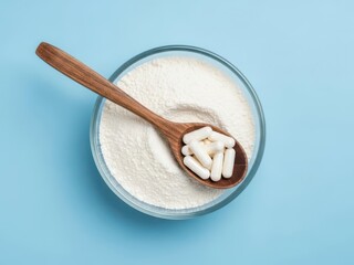 Glass bowl with white powder and capsules on wooden spoon on blue background