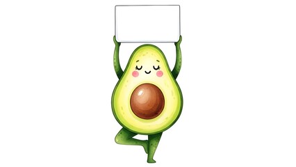 Avocado Yoga Cartoon, Blank Sign, Cute Fruit Character Illustration