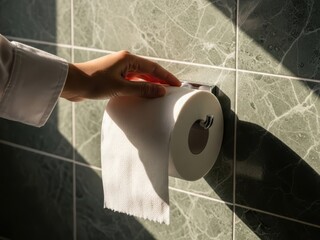 Hand holding toilet paper roll on green marble wall background