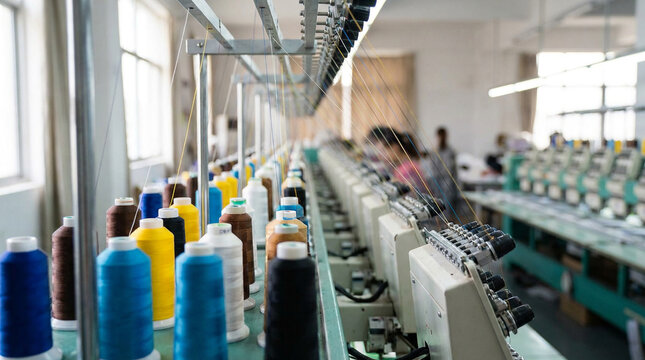 Colorful thread spools lined up on industrial sewing machines in a busy textile factory, showcasing automated production