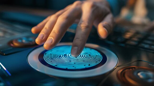 Hand interacting with futuristic touch interface, highlighting cloud computing security technology with blue circular digital pattern, digital elements, and illuminated control panel for innovation