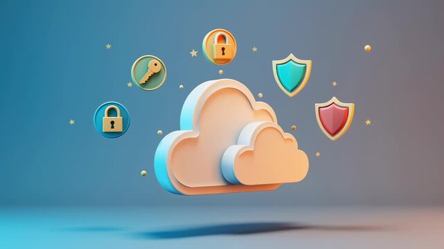 Cloud computing security concept featuring floating cloud icons, padlocks, shields, and keys symbolizing data protection, privacy, and safe online storage digital environment for enhanced security