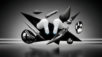 Abstract 3d design featuring a chrome peace symbol object rendered with spheres as a steel tool icon for an illustration or vector style background