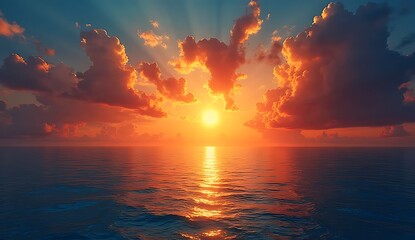 Dramatic Sunset Seascape: Vibrant Golden Sunbeams Pierce Fiery Orange Clouds Above the Horizon, Reflecting Intense Colors on the Rippling Deep Blue Ocean Water