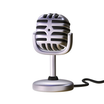 A 3D stylized silver vintage microphone on a desktop stand with a black cable snaking away.