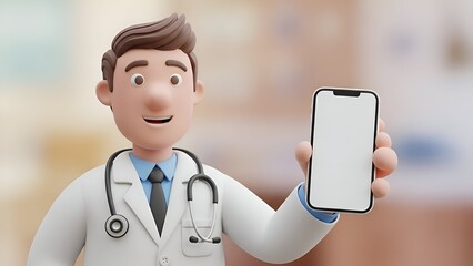 Doctor Holding Phone, Telemedicine, Healthcare App, Cartoon 3D Render