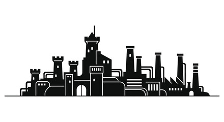 Obraz premium A striking black and white skyline of a medieval castle town beautifully rendered as a silhouette