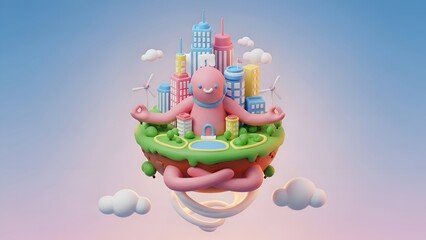 Sustainable City Concept Pink Creature Meditating on Floating Island