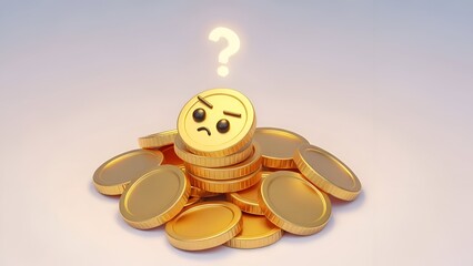 Financial Uncertainty Confused Coin with Question Mark Above Gold Pile