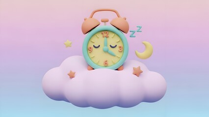 Sleep Time Alarm Clock on Cloud, Dreamy Pastel Illustration