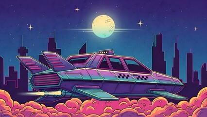 Flying Taxi Illustration, Retro Futuristic Cityscape, Night Sky
