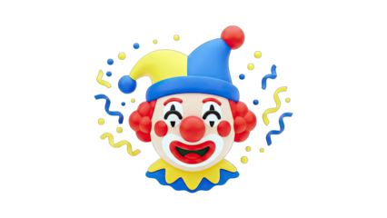 3D Clown Head with Confetti on White Background