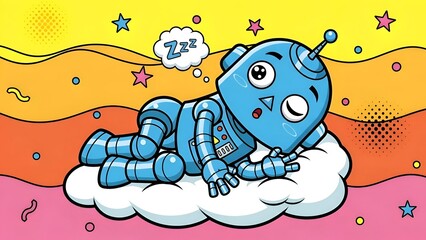 Sleeping Robot Cartoon Dreamy AI, Cloud Nap, Comic Style Illustration