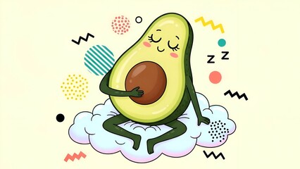 Cute Avocado Sleeping on Cloud Illustration, Kawaii Food Art