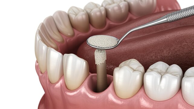 Application of bone graft material to a dental implant using a dental instrument in a close up digital render illustration, offering a detailed view of a dental
