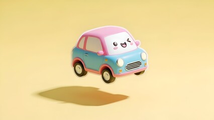 Cute Cartoon Car, 3D Rendering, Kawaii Vehicle, Isolated