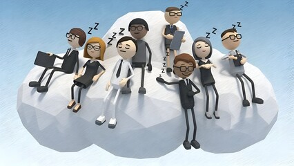 Sleeping Business People on Cloud Overworked, Stress, Burnout, Cartoon