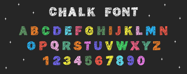 English alphabet crayon. Kids funky font. Chalk or wax texture. Vector illustration.