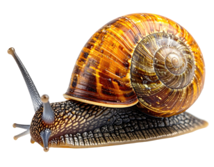 Detailed close-up of a snail with a spiral shell, isolated on black