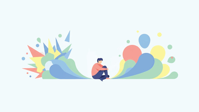 A lone person sits curled amid flowing pastel shapes on either side, evoking introspection quietly!!