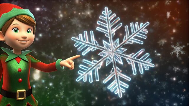 A cartoon elf in a red and green outfit pointing at a large glowing snowflake against a snowy background.