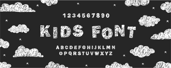 English alphabet crayon. Retro and playful font with scribble elements. Party invitations or school graphics. Vector illustration.