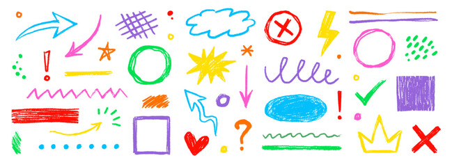 Naklejka na ściany i meble Hand drawn crayon arrows, chalk circles, dot color set. Textured chalk strokes with childlike doodles, dots, scribbles pastel texture pencil underline, star, arrow elements. Vector illustration