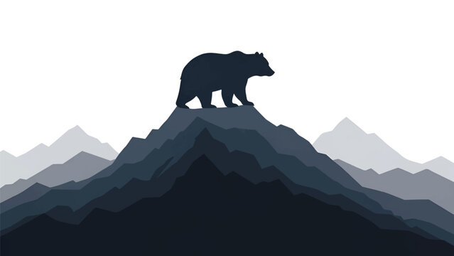 Dark bear silhouette stands atop layered blue-gray mountain ridges under pale blank sky. Serene view