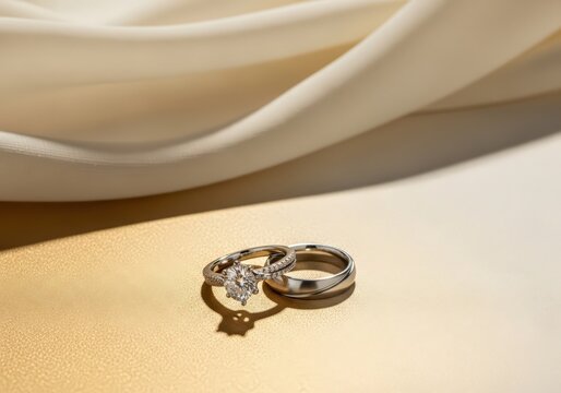 Elegant Diamond Engagement Ring and Wedding Band on a Soft Fabric Background