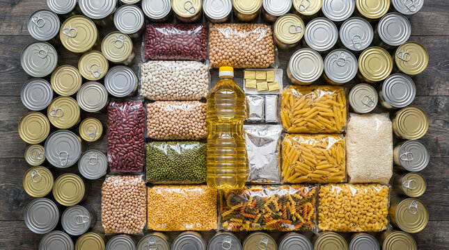 Overhead view of non-perishable foods: canned goods, dried beans, pasta, oil, rice. Perfect for emergency preparedness, food drive, or pantry stock