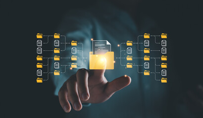 Document management and network system concept, Business man touch document icons online, Doc manage Storage and technology on digital paperless operation.